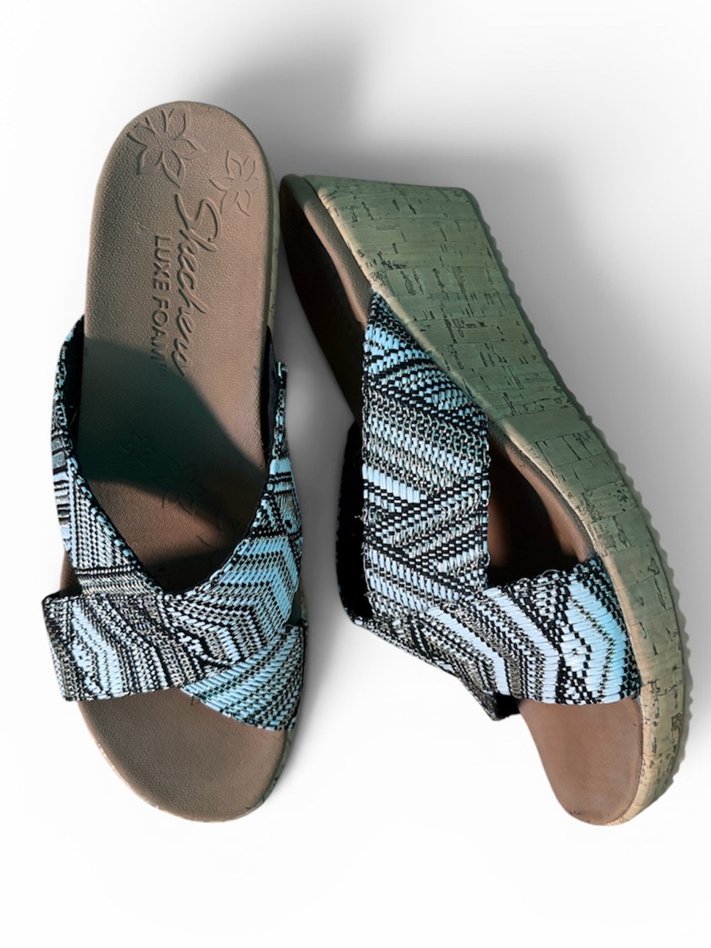 Skechers Black & White Patterned Cork Wedge Sandals